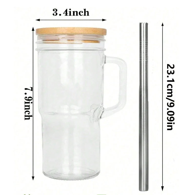 1PC Glass Cup Wooden Lid Bubble Tea Cold Drinking Coffee Wine Juice Milk Transparent Straw Car Mug Cup Drinkware Water Bottle - MerchiGo - with handle / 650ml - MerchiGo