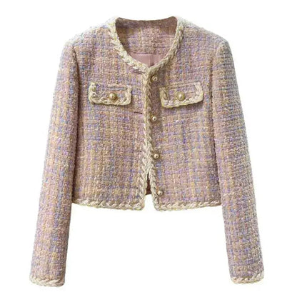 Elegant Purple Pink Tweed Style Women's Jacket Winter Round Neck Socialite Style Western-style Clothes Suit - MerchiGo - XL recommendation 57.50 kg-65.00 kg / Pink without Cotton - MerchiGo