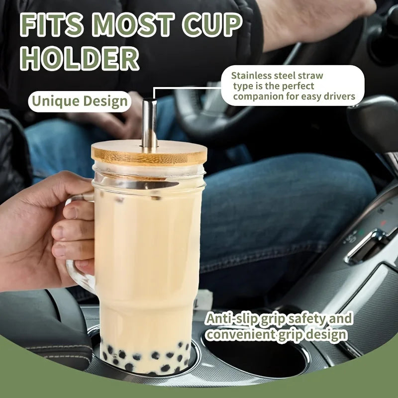 1PC Glass Cup Wooden Lid Bubble Tea Cold Drinking Coffee Wine Juice Milk Transparent Straw Car Mug Cup Drinkware Water Bottle - MerchiGo - MerchiGo