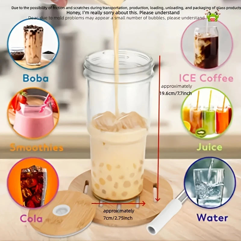 1PC Glass Cup Wooden Lid Bubble Tea Cold Drinking Coffee Wine Juice Milk Transparent Straw Car Mug Cup Drinkware Water Bottle - MerchiGo - MerchiGo