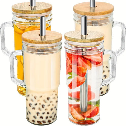 1PC Glass Cup Wooden Lid Bubble Tea Cold Drinking Coffee Wine Juice Milk Transparent Straw Car Mug Cup Drinkware Water Bottle - MerchiGo - MerchiGo